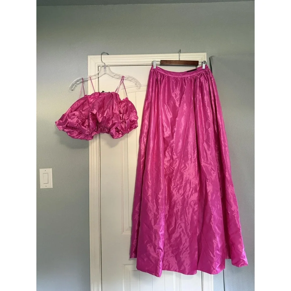 Akira Set Womens L Pink Satin Off Shoulder Volume Crop Top Maxi Skirt 2 Pc